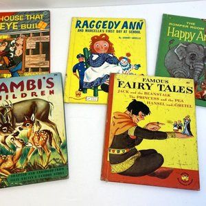 Vintage 5 Piece Wonder Books Set Fairy Tales, Raggedy Ann, Animals, Popeye
